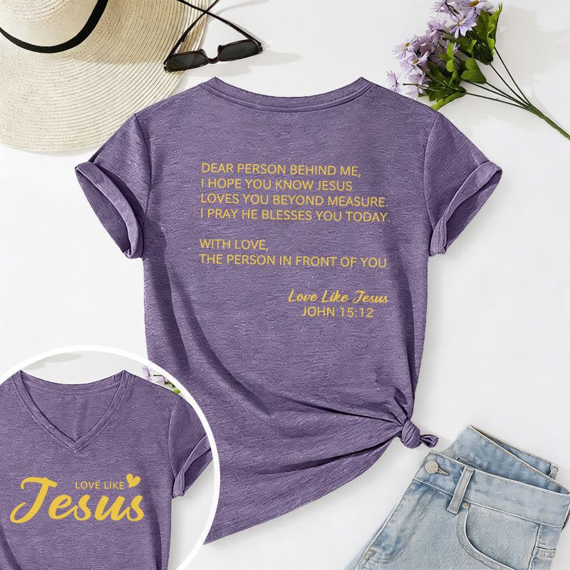 Christianartworkshop Querida persona detrás de mí Texto completo en la espalda Juan 15:12 Versículo en la parte delantera Eslogan de amor Camiseta informal con cuello en V - Púrpura - 2XL - image 36
