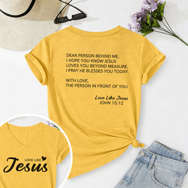 Christianartworkshop Querida persona detrás de mí Texto completo en la espalda Juan 15:12 Versículo en la parte delantera Eslogan de amor Camiseta informal con cuello en V - Amarillo - 2XL - image 24