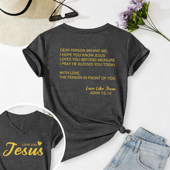 Christianartworkshop Querida persona detrás de mí Texto completo en la espalda Juan 15:12 Versículo en la parte delantera Eslogan de amor Camiseta informal con cuello en V - Gris oscuro - 2XL - image 0
