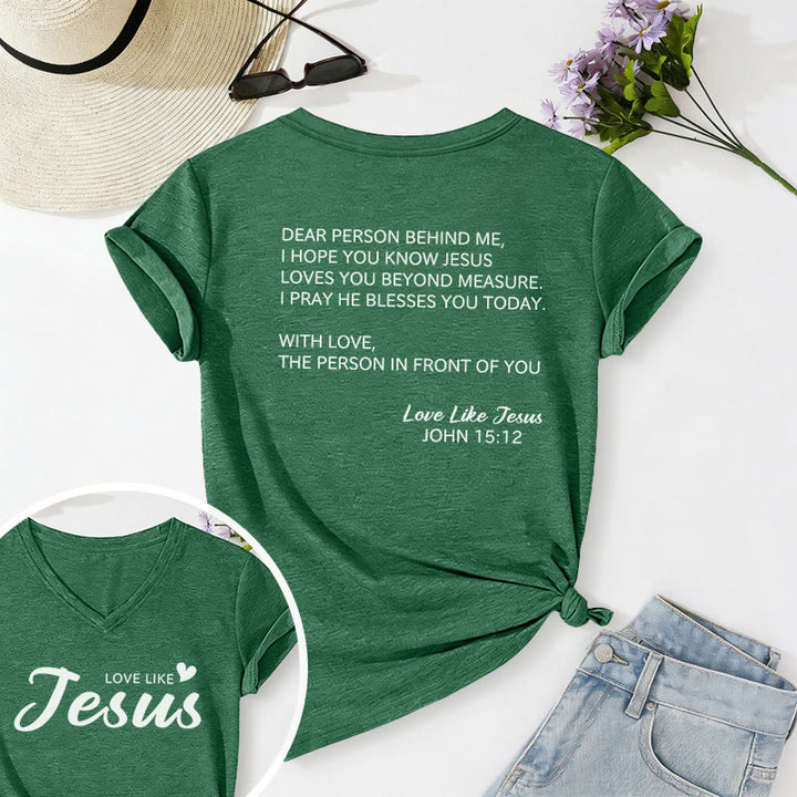 Christianartworkshop Querida persona detrás de mí Texto completo en la espalda Juan 15:12 Versículo en la parte delantera Eslogan de amor Camiseta informal con cuello en V - Verde oscuro - 2XL - image 72