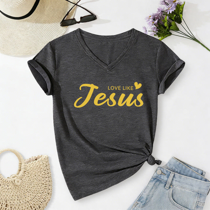 Christianartworkshop Querida persona detrás de mí Texto completo en la espalda Juan 15:12 Versículo en la parte delantera Eslogan de amor Camiseta informal con cuello en V - image 2