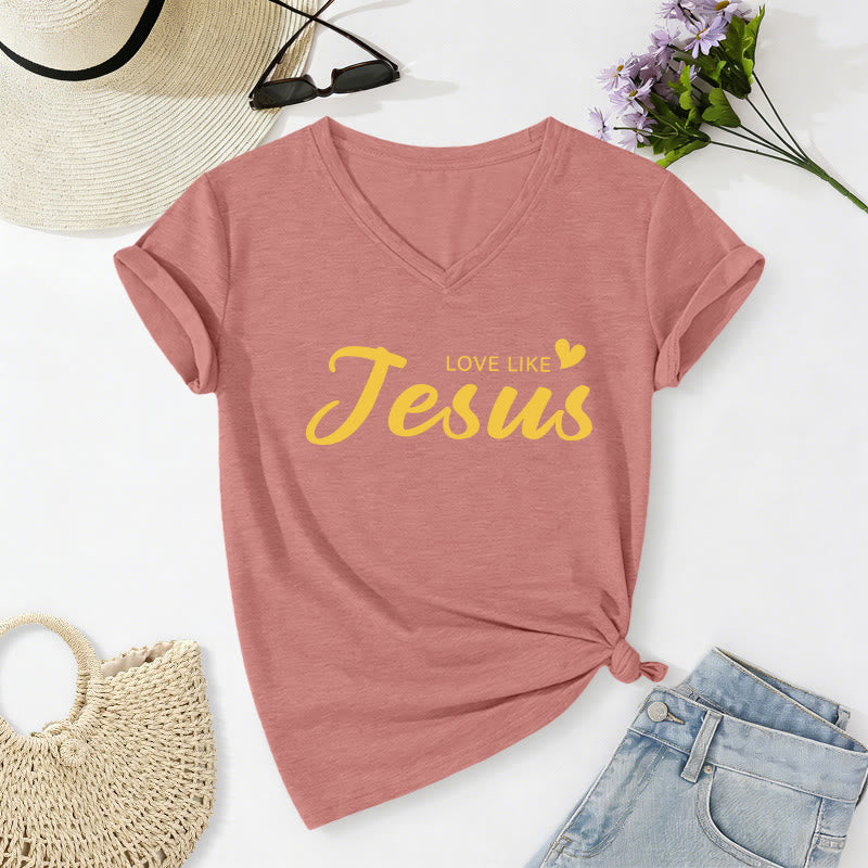 Christianartworkshop Querida persona detrás de mí Texto completo en la espalda Juan 15:12 Versículo en la parte delantera Eslogan de amor Camiseta informal con cuello en V - image 8