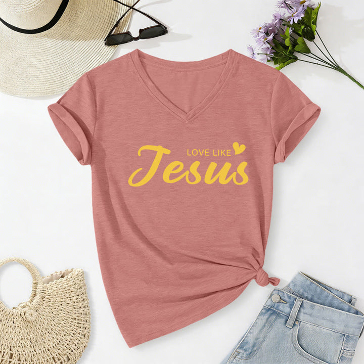 Christianartworkshop Querida persona detrás de mí Texto completo en la espalda Juan 15:12 Versículo en la parte delantera Eslogan de amor Camiseta informal con cuello en V - image 8