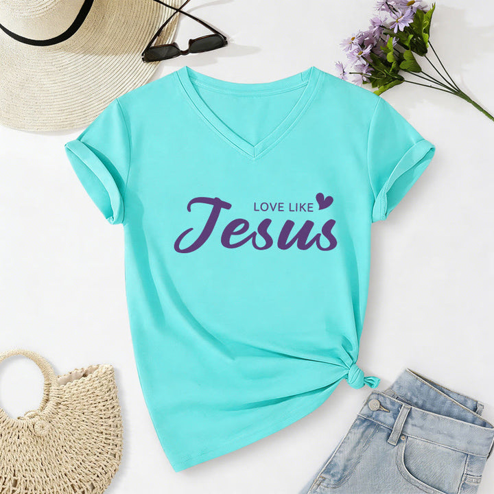 Christianartworkshop Querida persona detrás de mí Texto completo en la espalda Juan 15:12 Versículo en la parte delantera Eslogan de amor Camiseta informal con cuello en V - image 68