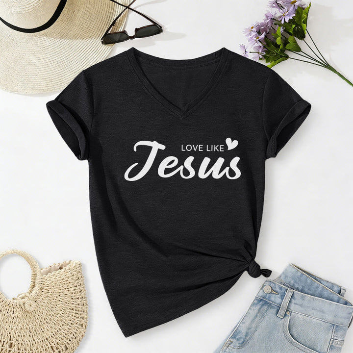 Christianartworkshop Querida persona detrás de mí Texto completo en la espalda Juan 15:12 Versículo en la parte delantera Eslogan de amor Camiseta informal con cuello en V - image 14