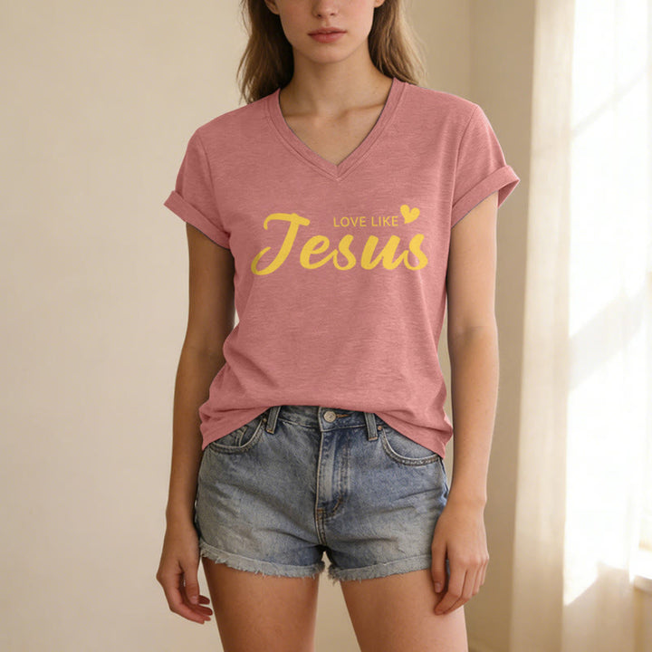 Christianartworkshop Querida persona detrás de mí Texto completo en la espalda Juan 15:12 Versículo en la parte delantera Eslogan de amor Camiseta informal con cuello en V - image 9