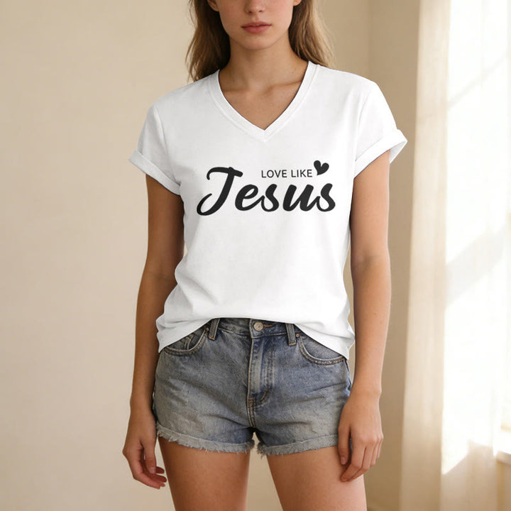 Christianartworkshop Querida persona detrás de mí Texto completo en la espalda Juan 15:12 Versículo en la parte delantera Eslogan de amor Camiseta informal con cuello en V - image 63