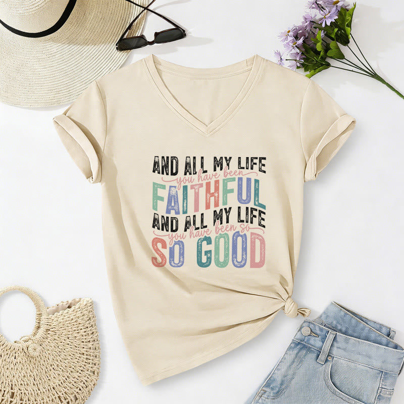 Christianartworkshop Y toda mi vida has sido fiel, así que buena camiseta casual multicolor con cuello en V y doble fuente - Beige - 2XL - image 0