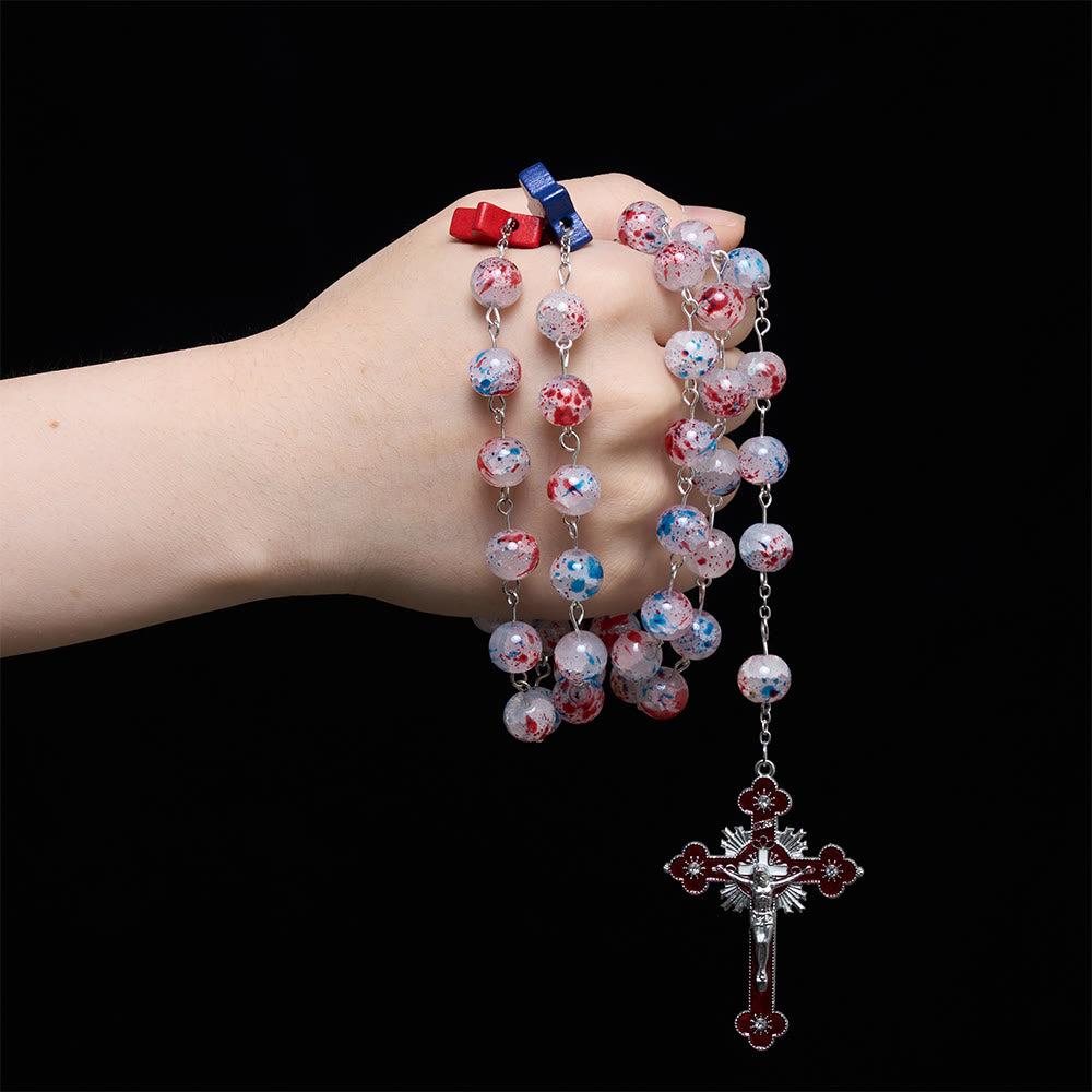 Christianartworkshop Rosario con crucifijo de estrella patriótica y cuentas moteadas, medallón con escudo de San Miguel y estrella esmaltada - image 1