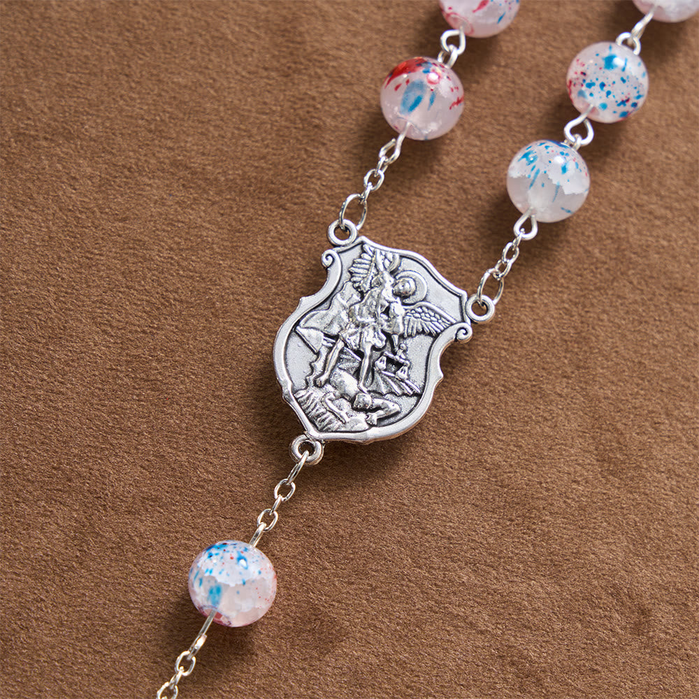 Christianartworkshop Rosario con crucifijo de estrella patriótica y cuentas moteadas, medallón con escudo de San Miguel y estrella esmaltada - image 6