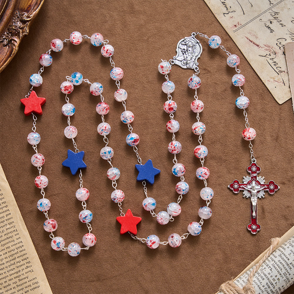 Christianartworkshop Rosario con crucifijo de estrella patriótica y cuentas moteadas, medallón con escudo de San Miguel y estrella esmaltada - image 3