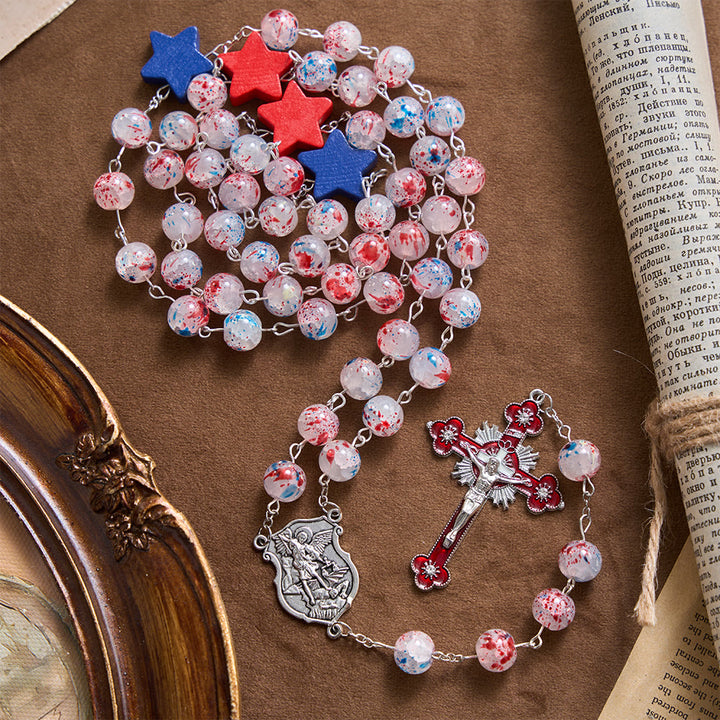 Christianartworkshop Rosario con crucifijo de estrella patriótica y cuentas moteadas, medallón con escudo de San Miguel y estrella esmaltada - Rosario de la Estrella Patriótica - image 0