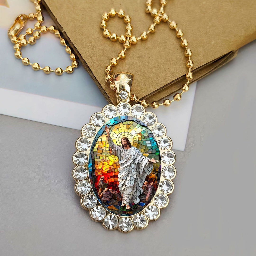 Christianartworkshop Collar con cadena de bolas con retrato de Jesús y marco ovalado: emblema atemporal de la suave protección celestial. - Bendición de Jesús - image 5