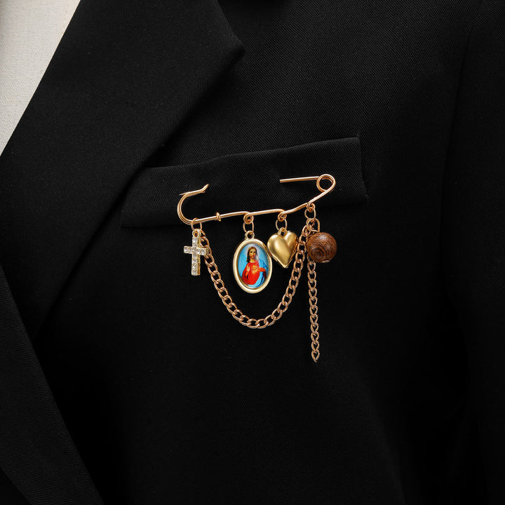 Christianartworkshop Collar con broche convertible de imperdible con retrato sagrado y múltiples colgantes: emblema atemporal de la gentil protección celestial. - Broche de Jesús - image 13