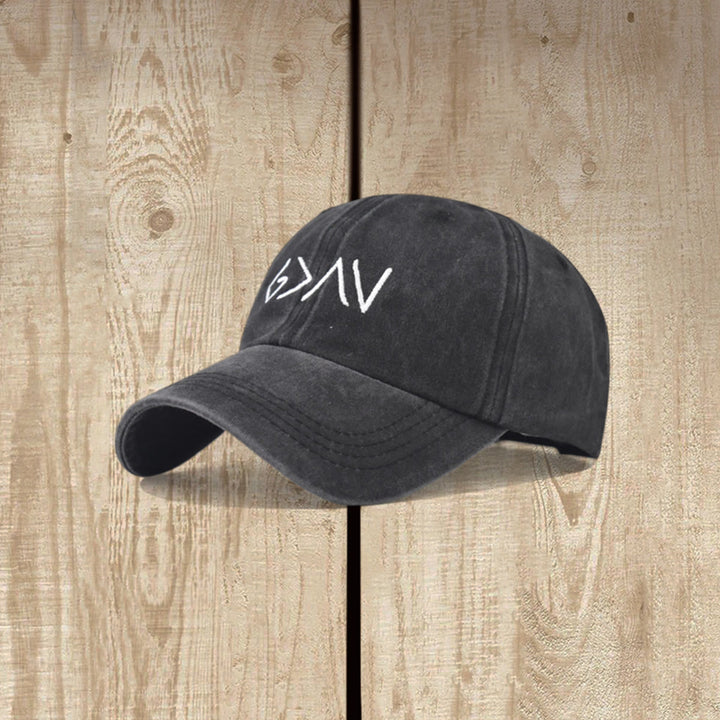 Christianartworkshop Gorra de béisbol lavada con bordado de símbolo de flecha mínima "Mayor que la adversidad" - Negro - image 0