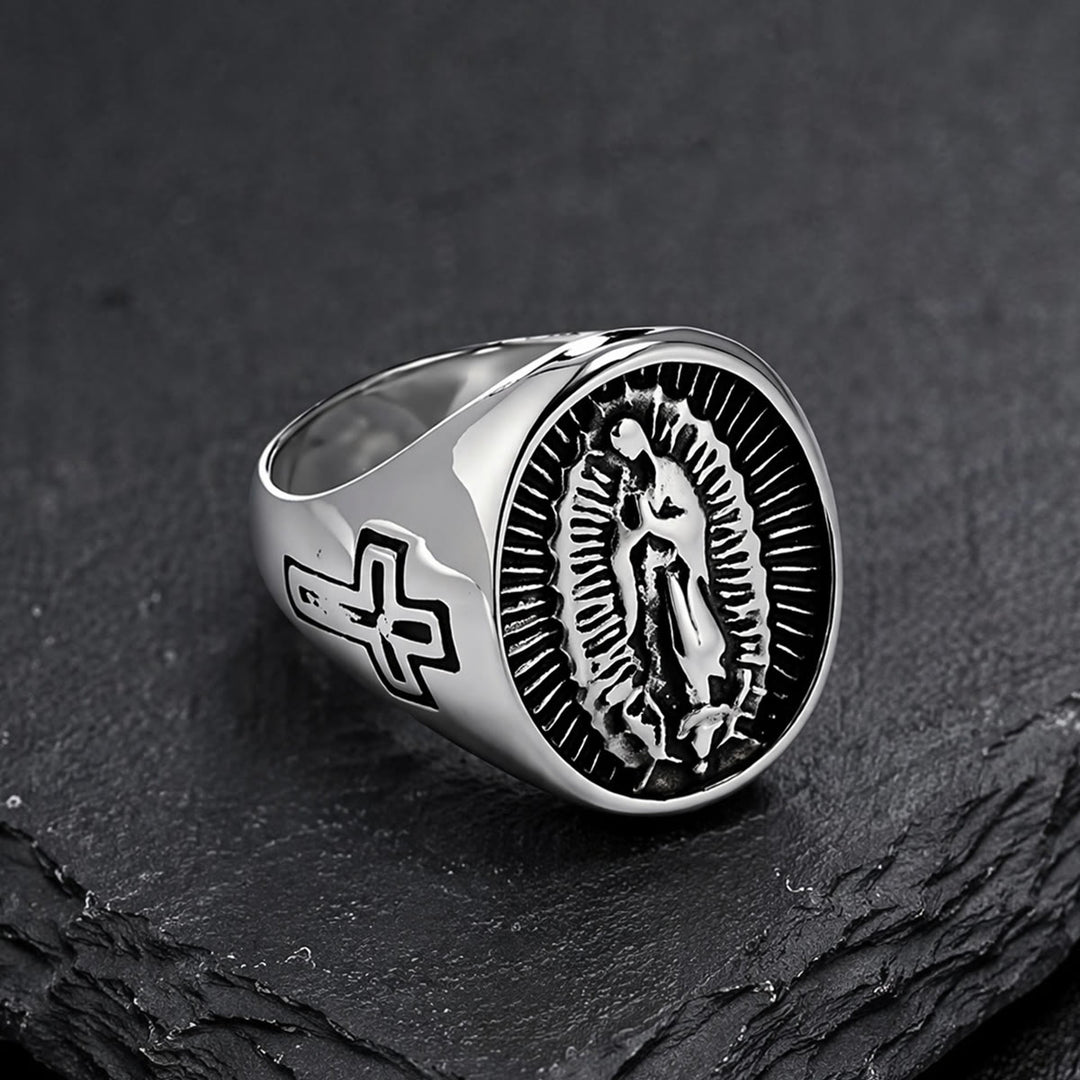 Christianartworkshop Anillo con la Cruz de Nuestra Señora de Guadalupe en relieve profundo: Emblema atemporal de fe sagrada inquebrantable. - image 10