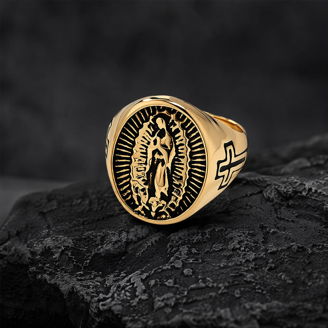 Christianartworkshop Anillo con la Cruz de Nuestra Señora de Guadalupe en relieve profundo: Emblema atemporal de fe sagrada inquebrantable. - Dorado - US 12 - image 2