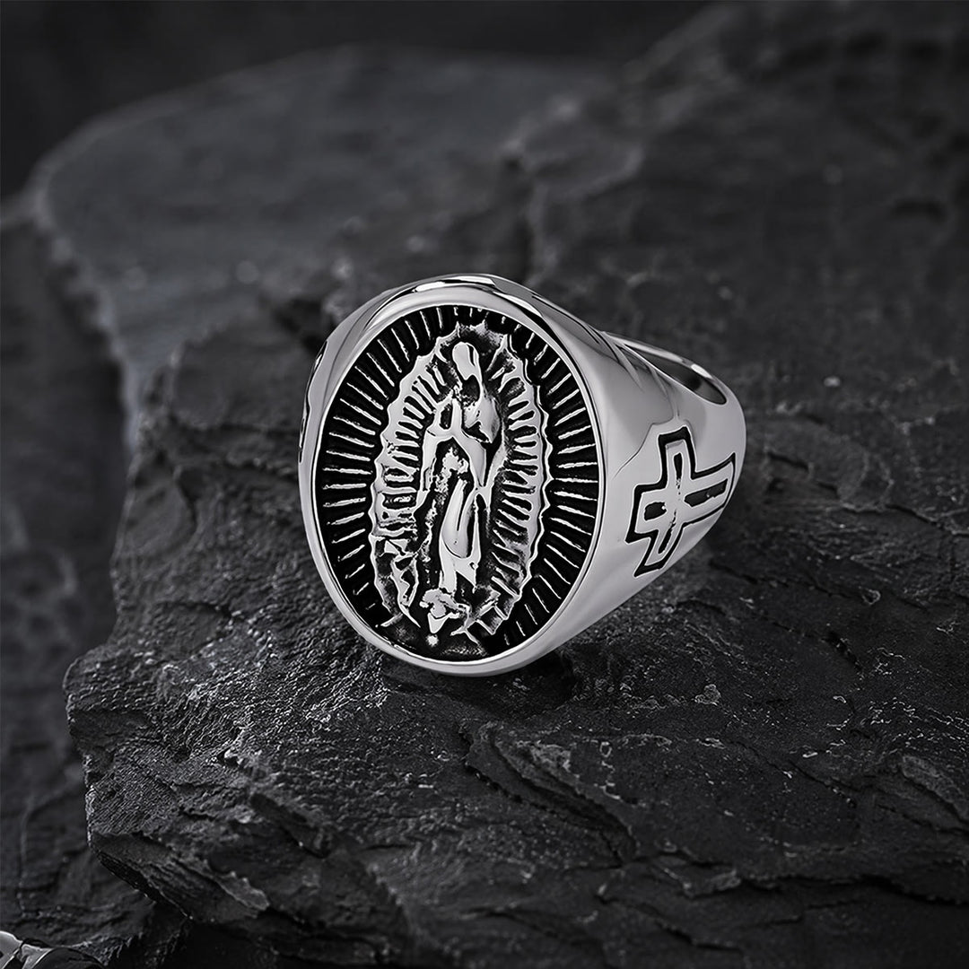 Christianartworkshop Anillo con la Cruz de Nuestra Señora de Guadalupe en relieve profundo: Emblema atemporal de fe sagrada inquebrantable. - Plata - US 12 - image 8