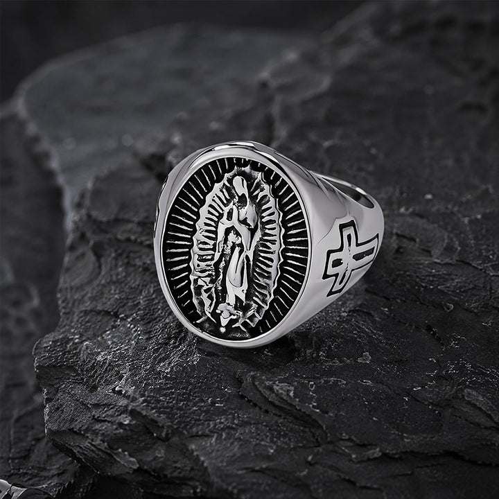 Christianartworkshop Anillo con la Cruz de Nuestra Señora de Guadalupe en relieve profundo: Emblema atemporal de fe sagrada inquebrantable. - Plata - US 12 - image 8
