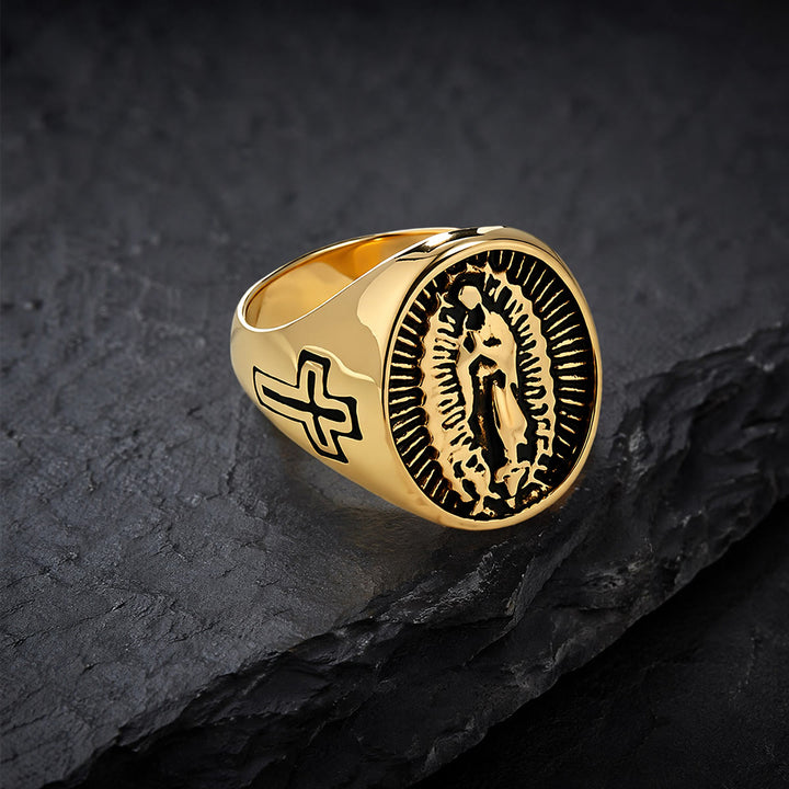 Christianartworkshop Anillo con la Cruz de Nuestra Señora de Guadalupe en relieve profundo: Emblema atemporal de fe sagrada inquebrantable. - image 7