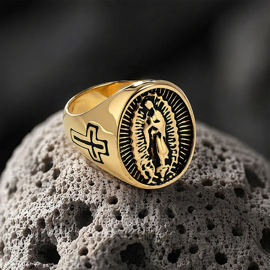 Christianartworkshop Anillo con la Cruz de Nuestra Señora de Guadalupe en relieve profundo: Emblema atemporal de fe sagrada inquebrantable. - image 6