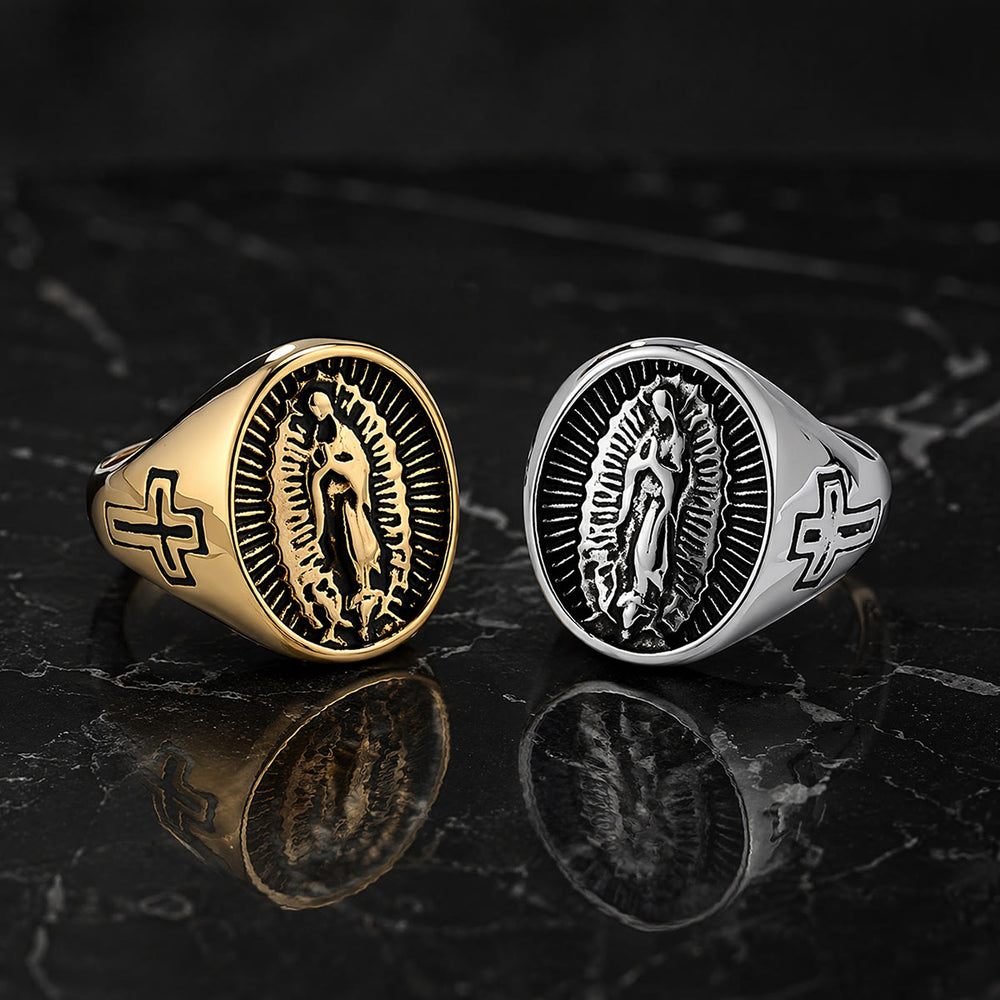 Christianartworkshop Anillo con la Cruz de Nuestra Señora de Guadalupe en relieve profundo: Emblema atemporal de fe sagrada inquebrantable. - image 1
