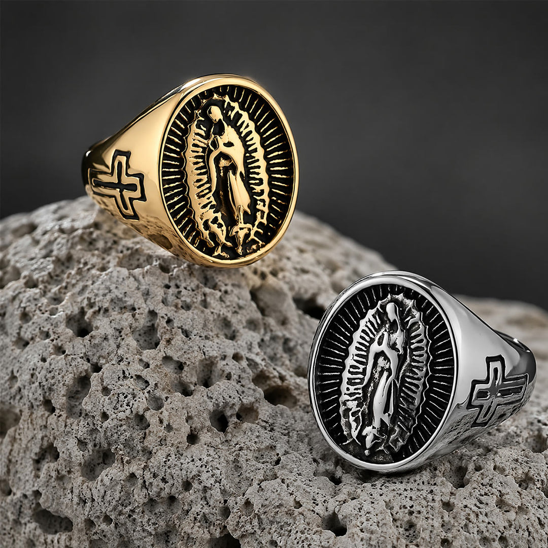 Christianartworkshop Anillo con la Cruz de Nuestra Señora de Guadalupe en relieve profundo: Emblema atemporal de fe sagrada inquebrantable. - image 0