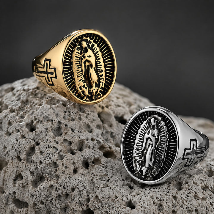 Christianartworkshop Anillo con la Cruz de Nuestra Señora de Guadalupe en relieve profundo: Emblema atemporal de fe sagrada inquebrantable. - image 0