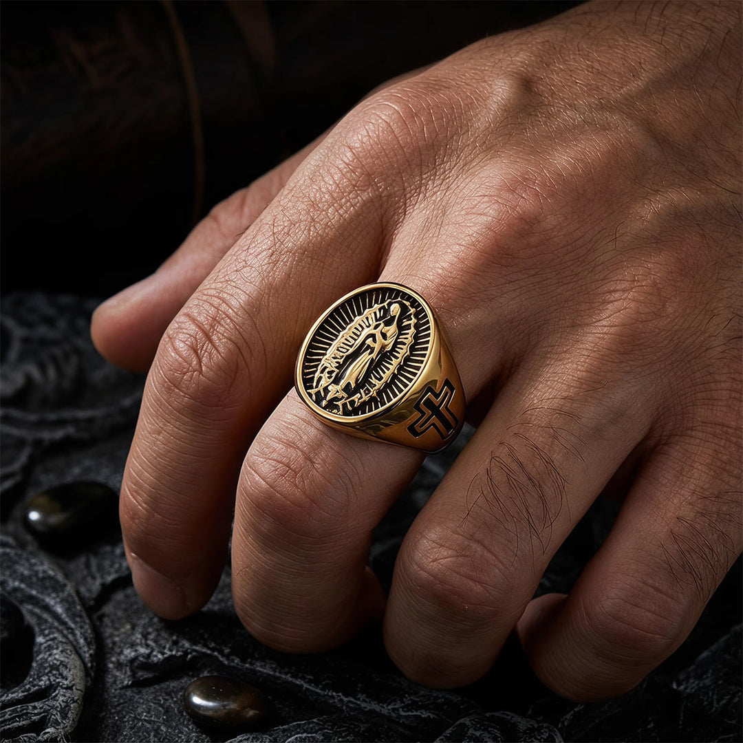 Christianartworkshop Anillo con la Cruz de Nuestra Señora de Guadalupe en relieve profundo: Emblema atemporal de fe sagrada inquebrantable. - image 4