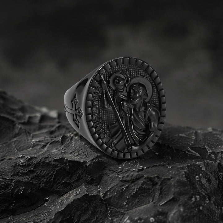 Christianartworkshop Anillo de sello de San Cristóbal con borde estriado redondo: Emblema atemporal de fe sagrada inquebrantable. - Negro - US 12 - image 14