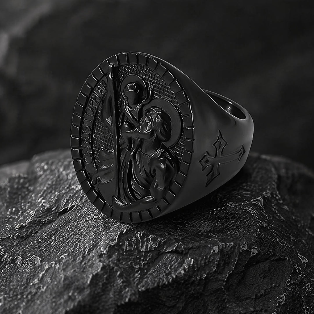 Christianartworkshop Anillo de sello de San Cristóbal con borde estriado redondo: Emblema atemporal de fe sagrada inquebrantable. - image 15