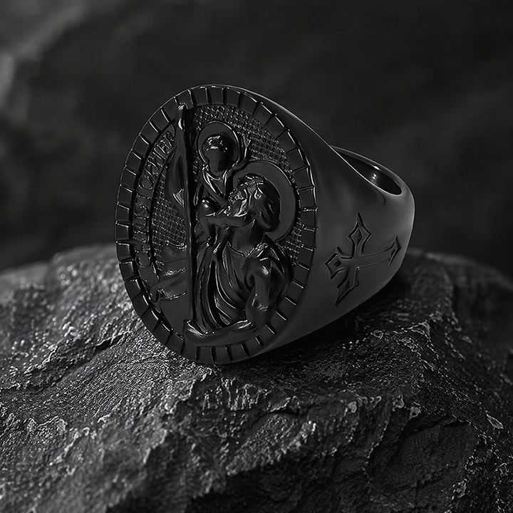Christianartworkshop Anillo de sello de San Cristóbal con borde estriado redondo: Emblema atemporal de fe sagrada inquebrantable. - image 15