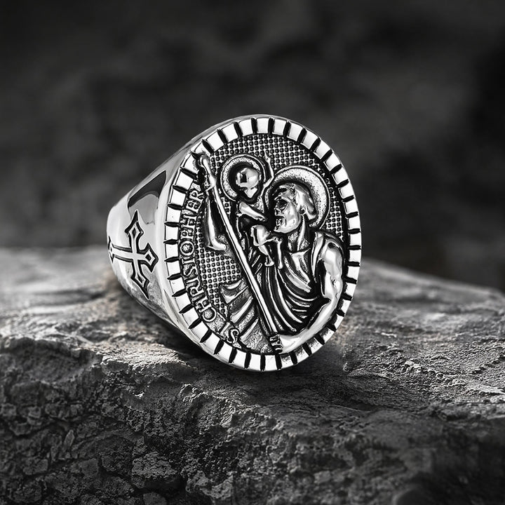 Christianartworkshop Anillo de sello de San Cristóbal con borde estriado redondo: Emblema atemporal de fe sagrada inquebrantable. - Plata - US 12 - image 3