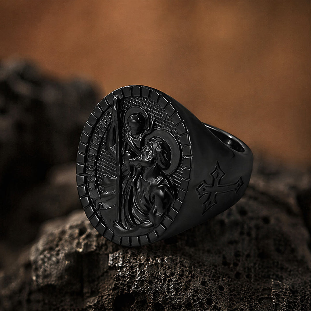 Christianartworkshop Anillo de sello de San Cristóbal con borde estriado redondo: Emblema atemporal de fe sagrada inquebrantable. - image 18