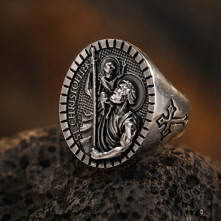 Christianartworkshop Anillo de sello de San Cristóbal con borde estriado redondo: Emblema atemporal de fe sagrada inquebrantable. - image 9