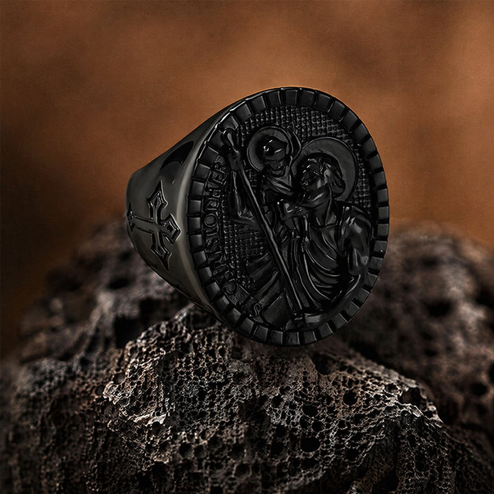Christianartworkshop Anillo de sello de San Cristóbal con borde estriado redondo: Emblema atemporal de fe sagrada inquebrantable. - image 16