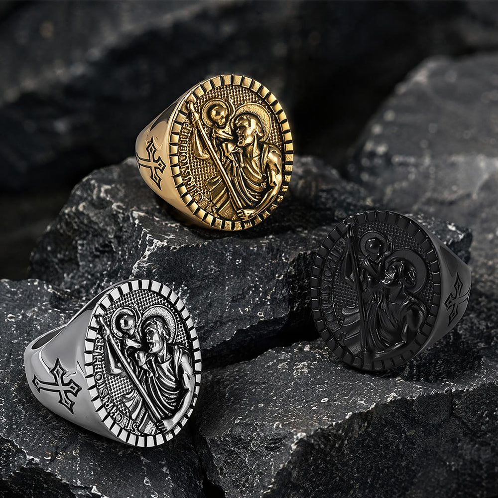 Christianartworkshop Anillo de sello de San Cristóbal con borde estriado redondo: Emblema atemporal de fe sagrada inquebrantable. - image 1