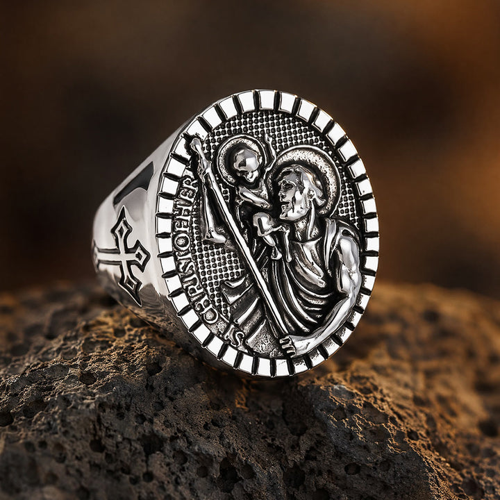 Christianartworkshop Anillo de sello de San Cristóbal con borde estriado redondo: Emblema atemporal de fe sagrada inquebrantable. - image 8
