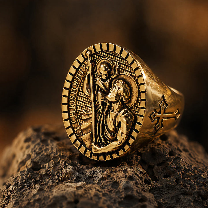 Christianartworkshop Anillo de sello de San Cristóbal con borde estriado redondo: Emblema atemporal de fe sagrada inquebrantable. - image 11