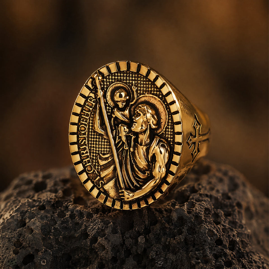 Christianartworkshop Anillo de sello de San Cristóbal con borde estriado redondo: Emblema atemporal de fe sagrada inquebrantable. - image 12