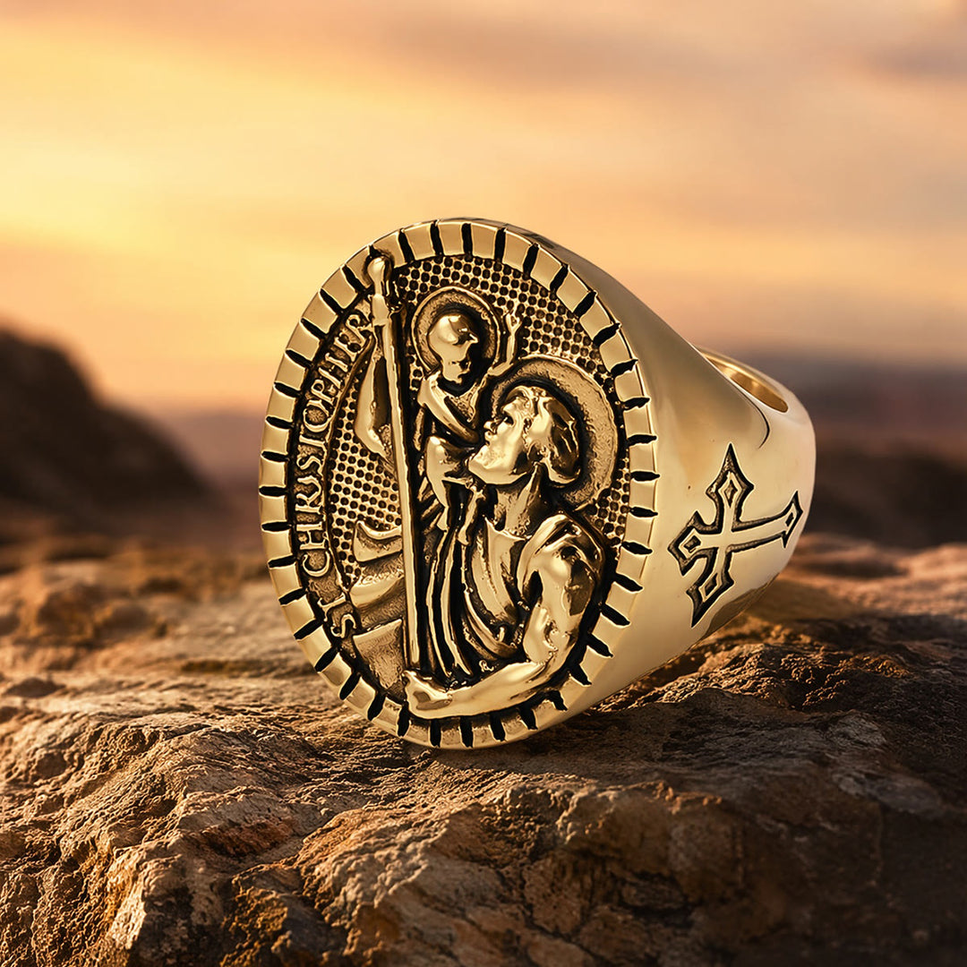 Christianartworkshop Anillo de sello de San Cristóbal con borde estriado redondo: Emblema atemporal de fe sagrada inquebrantable. - image 13