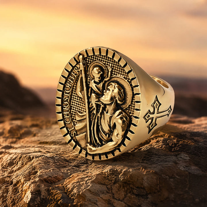 Christianartworkshop Anillo de sello de San Cristóbal con borde estriado redondo: Emblema atemporal de fe sagrada inquebrantable. - image 13