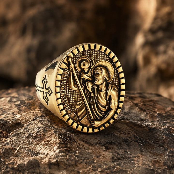 Christianartworkshop Anillo de sello de San Cristóbal con borde estriado redondo: Emblema atemporal de fe sagrada inquebrantable. - Dorado - US 12 - image 10