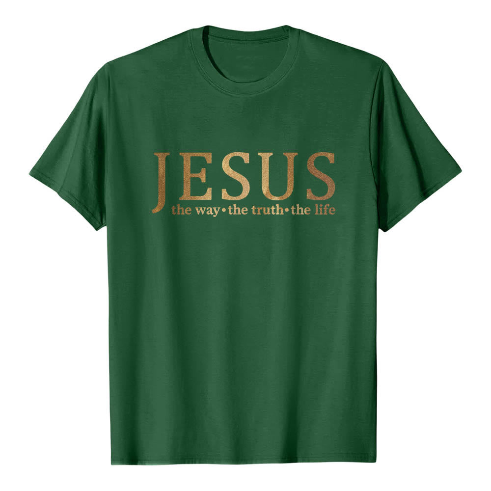 Christianartworkshop Camiseta de manga corta premium con fuente doble y serif grande estilo vintage JESÚS El Camino La Verdad La Vida - Verde oscuro - 2XL - image 0