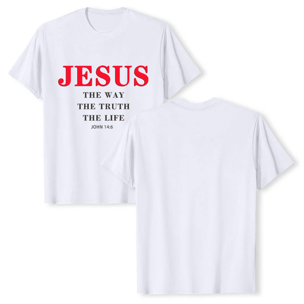 Christianartworkshop Camiseta de manga corta premium con estampado en negrita y serif grande JESÚS El Camino La Verdad La Vida Juan 14:6 - image 1