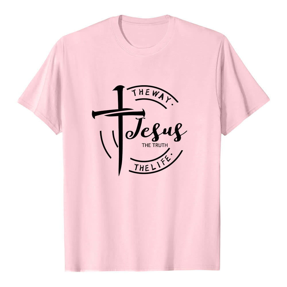 Christianartworkshop Pinceladas Cruz Marco Circular Jesús El Camino La Verdad La Vida Camiseta Premium de Manga Corta - Rosa - 2XL - image 24