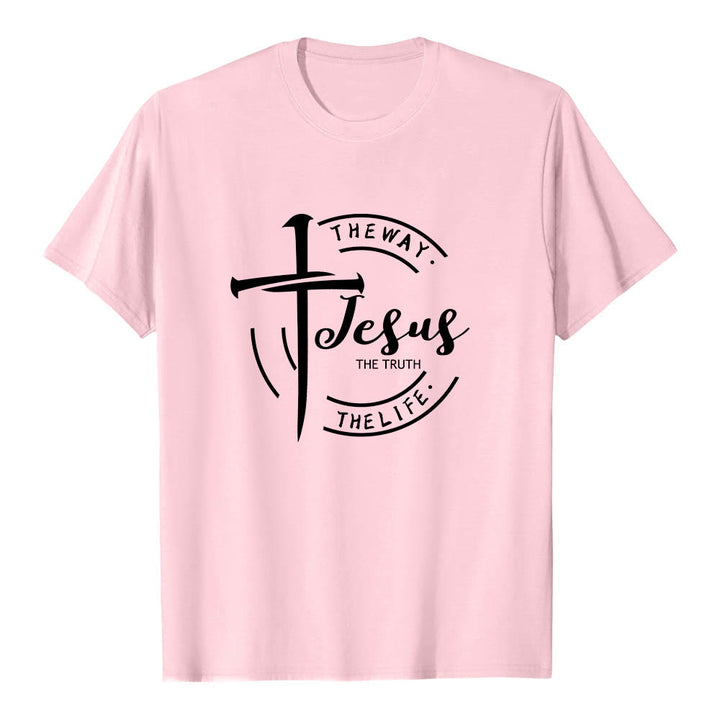 Christianartworkshop Pinceladas Cruz Marco Circular Jesús El Camino La Verdad La Vida Camiseta Premium de Manga Corta - Rosa - 2XL - image 24