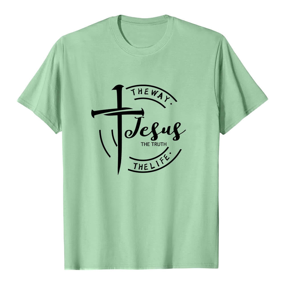 Christianartworkshop Pinceladas Cruz Marco Circular Jesús El Camino La Verdad La Vida Camiseta Premium de Manga Corta - Verde claro - 2XL - image 21