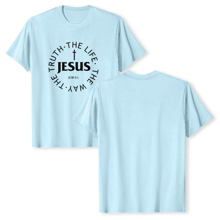 Christianartworkshop Camiseta de manga corta premium con cruz centrada, versículo circular curvo de JESÚS, Juan 14:6 - image 13