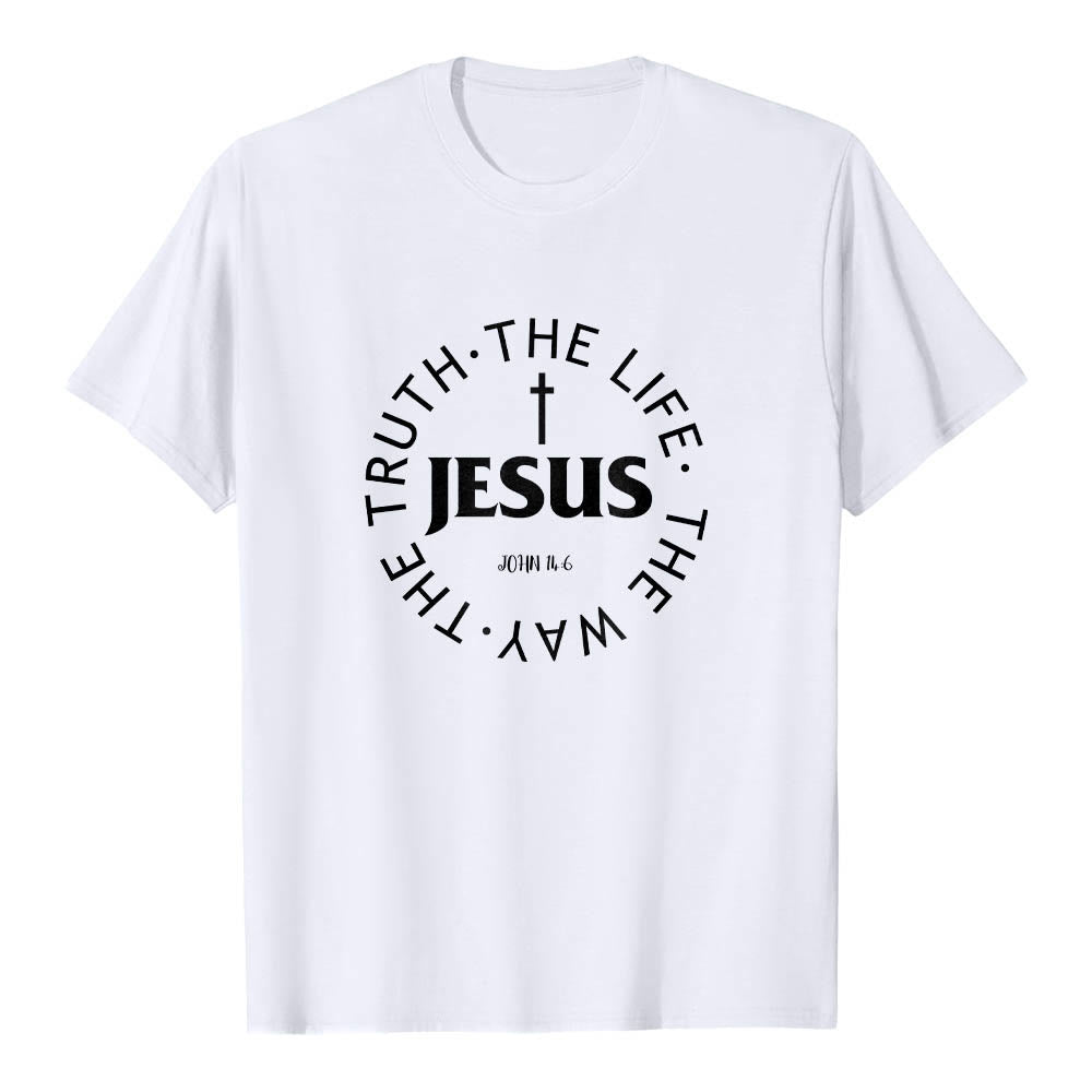 Christianartworkshop Camiseta de manga corta premium con cruz centrada, versículo circular curvo de JESÚS, Juan 14:6 - Blanco - 2XL - image 6